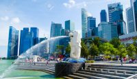 Singapore ,April 3 -2016 unidentified   tourist watching and taking picture at Merlion famous place in Singapore  Singapore  April, 3 , 2016